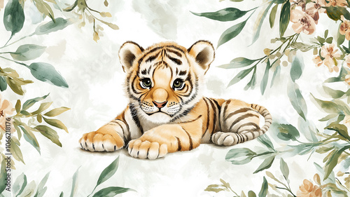 Adorable tiger cub relaxing amidst lush greenery and flowers