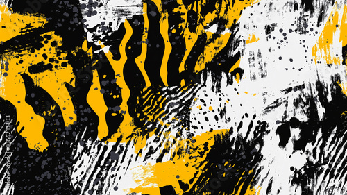 Abstract yellow black and white brushstrokes and paint splatter background de...
