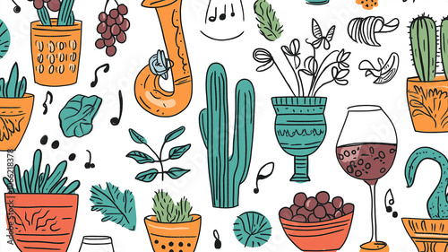 Saxophone, wine, grapes, cactus and potted plants seamless pattern celebratin...