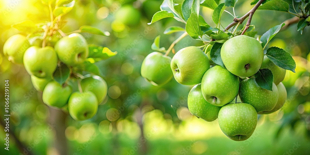Green apples hanging from tree branches in a garden , apples, green, tree, garden, organic, fresh, ripe, juicy, delicious Green apples hanging from tree branches in a garden , apples, green, tree, garden, organic, fresh, ripe, juicy, delicious