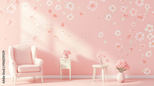 Pink room interior with falling cherry blossom petals creating a relaxing atm...