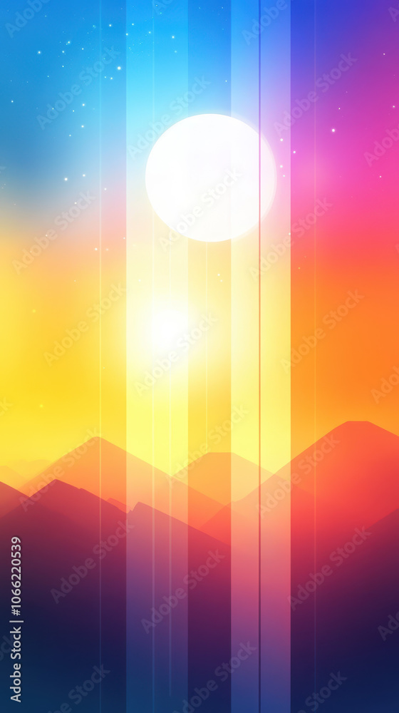 vibrant sunset over stylized mountains with colorful gradients and light rays. scene evokes sense of tranquility and beauty vibrant sunset over stylized mountains with colorful gradients and light rays. scene evokes sense of tranquility and beauty