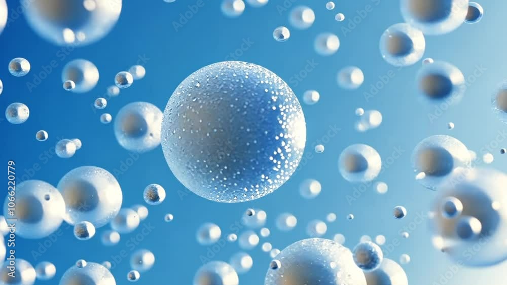 Abstract geometric animation, blue minimalist background design with flying spheres, 4k seamless looped video, 3d render
