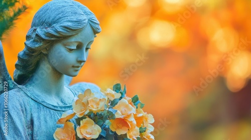 serene angel statue holding flowers in a peaceful cemetery at sunset, symbolizing grief