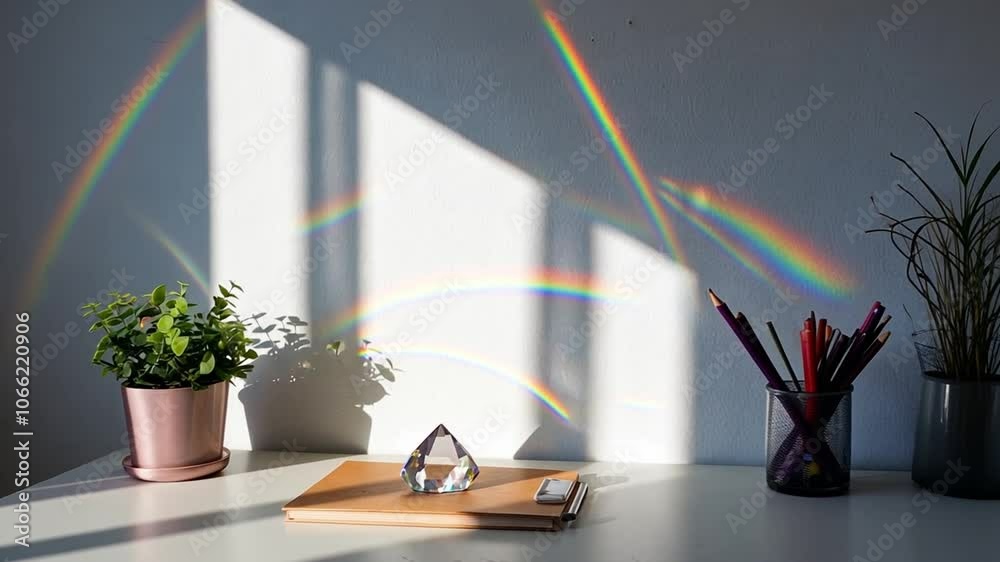 Rainbow Refractions on a Minimal Desk – Sunlight passing through a crystal on a clean desk, scattering rainbow hues across a white wall. No people.