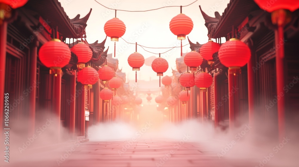 Obraz premium chinese new year background There are red lanterns hanging on the street of ancient Chinese buildings.