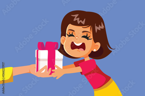 Rude Little Girl Receiving a Gift Vector Cartoon Illustration. Spoiled bratty behavior of a little kid on Christmas day
