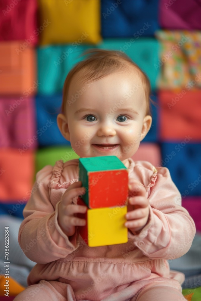 Cheerful baby girl plays with colorful cube blocks in a vibrant setting Cheerful baby girl plays with colorful cube blocks in a vibrant setting