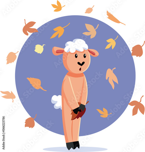 Sheared Sheep Covered with a Leaf Vector Funny Cartoon. Funny animal suffering from cold and shame during autumn
