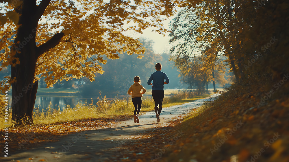 Parents and children enjoy autumn jogging together Parents and children enjoy autumn jogging together