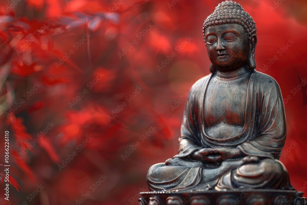 Fototapeta premium Bronze Zen Buddha Statue Meditating with Blurred Textured Red Background