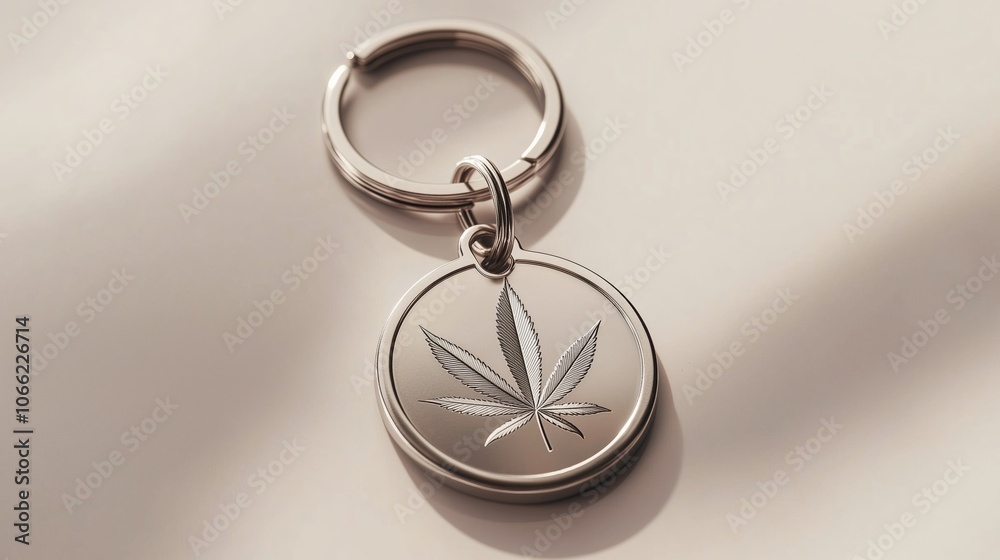 Polished silver keychain with a round pendant showcasing a beautifully etched cannabis leaf design, resting on a soft beige background. Polished silver keychain with a round pendant showcasing a beautifully etched cannabis leaf design, resting on a soft beige background.