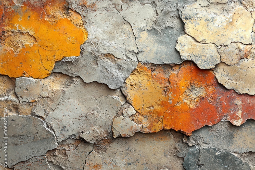 Cracked and Weathered Stone Wall with Orange Patches
