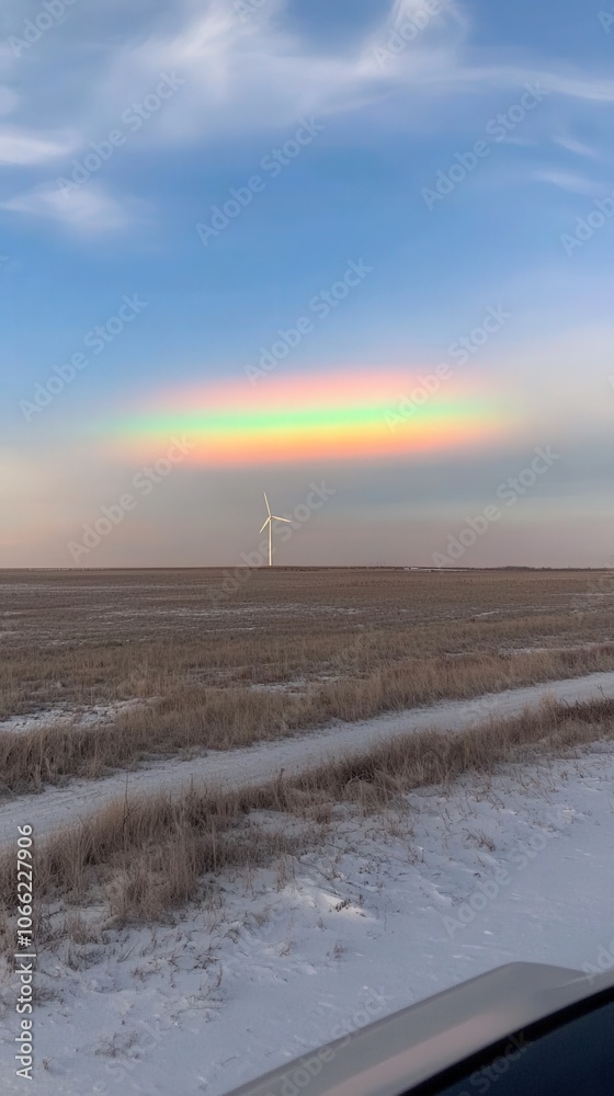 Naklejka premium Wind Turbine and Rainbow Sky in Rural Landscape