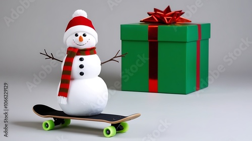 A snowman on a skateboard with a green gift box in the background, Snowman christmas, Christmas Card, holiday gifts, banner, template, creatd with generative ai photo