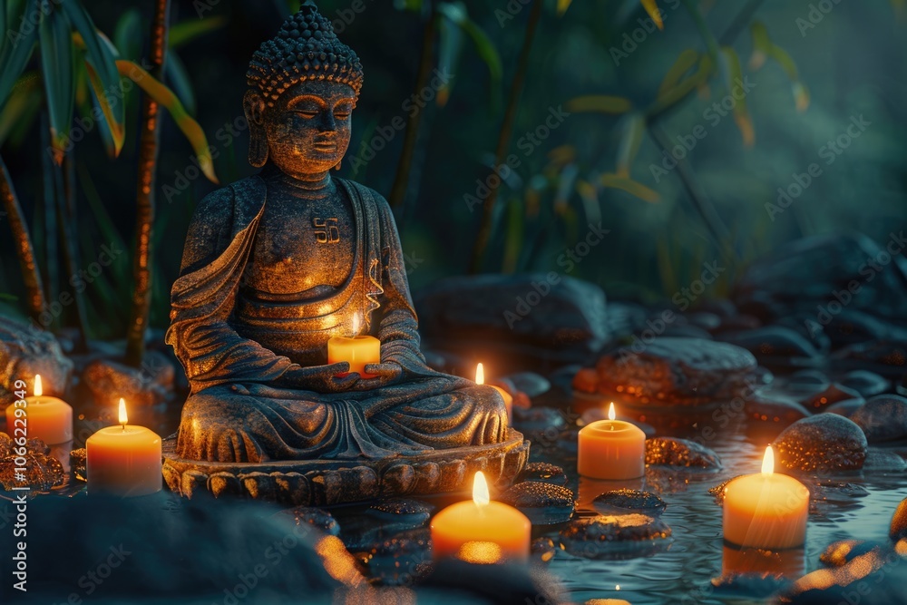 Fototapeta premium Buddha Statue With Candles In Natural Background