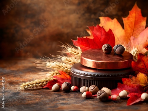 A small podium and acorn and fallen leaves