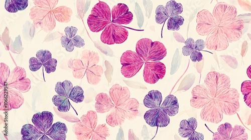 111.A seamless floral pattern featuring delicately hand-drawn clover flowers in various shades of pink and purple, scattered across a light background. The intricate details of the leaves and petals