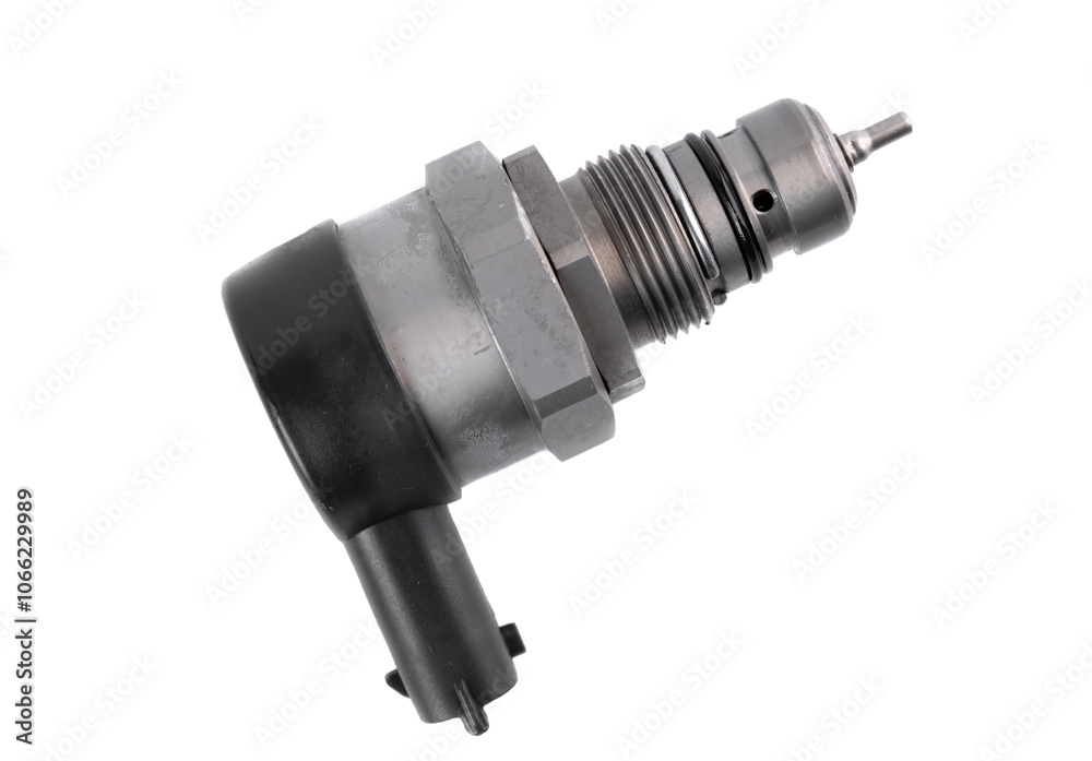 New rail fuel pressure sensor on white background close up New rail fuel pressure sensor on white background close up