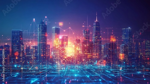 Wallpaper Mural A Futuristic Cityscape with Vibrant Lights and Digital Network Connections Torontodigital.ca