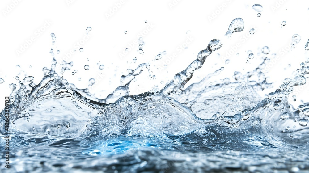 Dynamic Water Splashes with Bubbles and Droplets on White Background, Conveying Fluidity, Freshness, and Vibrant Energy Dynamic Water Splashes with Bubbles and Droplets on White Background, Conveying Fluidity, Freshness, and Vibrant Energy