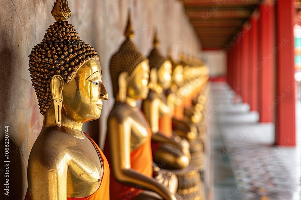 Fototapeta premium Golden Buddha statues in row at Wat Pho temple Thailand.