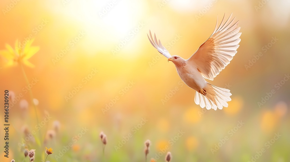 Obraz premium A white dove soars gracefully through a sunlit meadow surrounded by colorful wildflowers