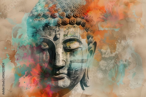 head of Lord Buddha digital art collage combined with watercolor
