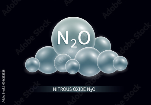 Nitrous Oxide N2O in cloud green on black background. Air pollution emissions with forest burning and industrial fuel production causes of greenhouse gases. Scientific ecology biochemistry. Vector.