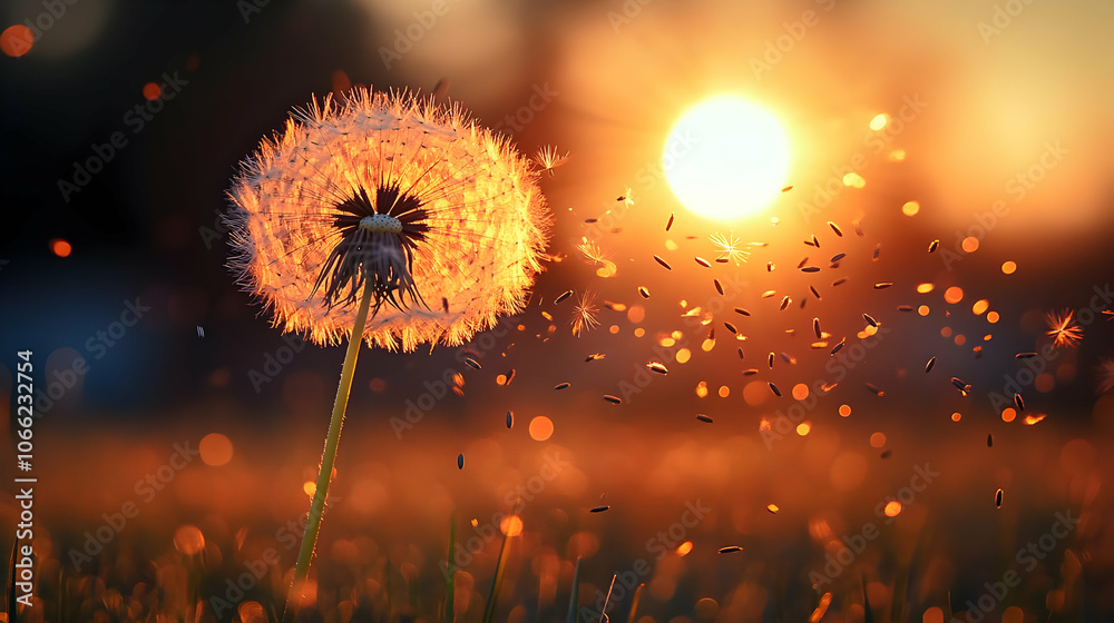 Obraz premium A beautiful dandelion at sunset, with seeds gently dispersing in the warm breeze, creating a serene and peaceful atmosphere.