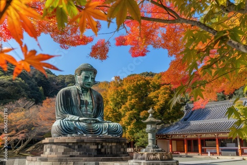 Ancient bronze Daibutsu statue with autumn maple leaves in Japan.
