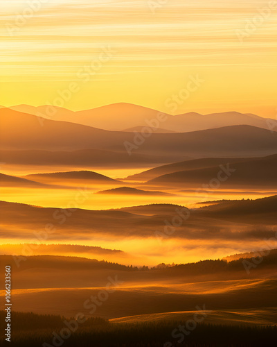 Golden sunrise over misty valley with rolling hills.