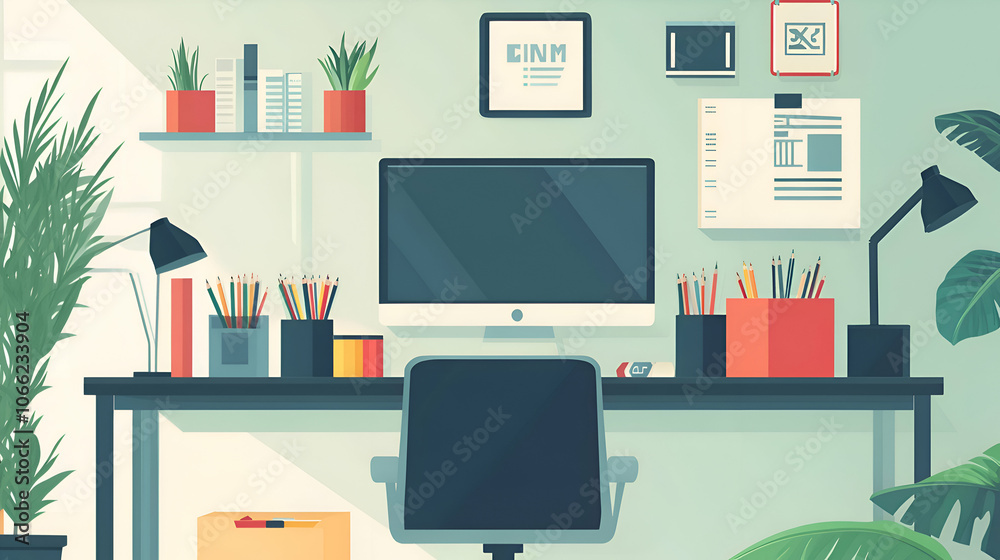 Modern home office desk with computer, chair, and plants. Modern home office desk with computer, chair, and plants.