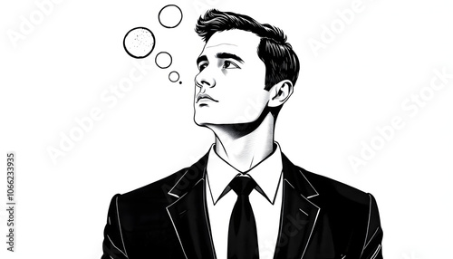 Contemporary art collage. Conceptual image with male silhouette in a suit. Overthinking process isolated with white highlights, png