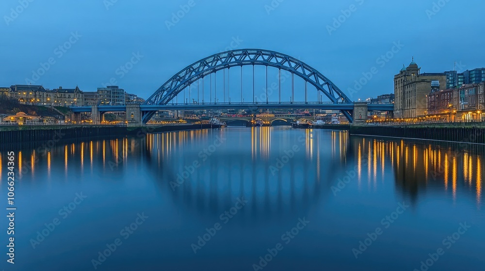 Fototapeta premium Serene River Scene at Dusk with Bridge Reflection