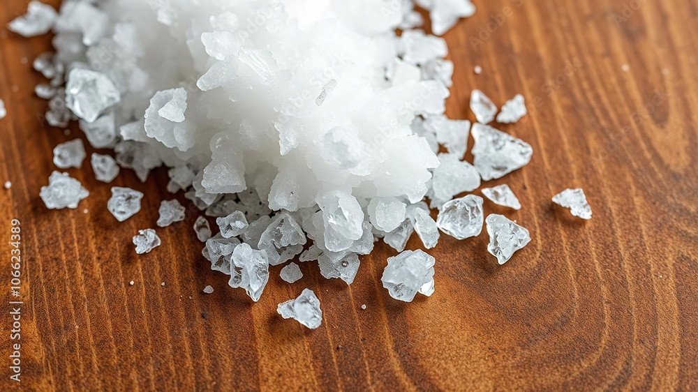 Close-up of white salt crystals on a wooden surface, crystal formations, mineral particles Close-up of white salt crystals on a wooden surface, crystal formations, mineral particles