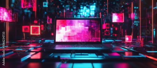 Neon Laptop in Digital Space