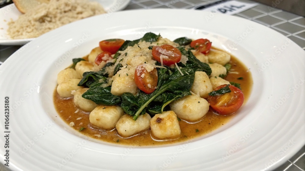 Gnocchi dish with wilted spinach, garlic, and tomatoes in a light brown sauce on a white plate, comfort food, gnocchi Gnocchi dish with wilted spinach, garlic, and tomatoes in a light brown sauce on a white plate, comfort food, gnocchi