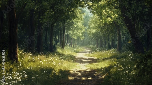 Peaceful forest path lined with trees, a tranquil walk surrounded by natures beauty.