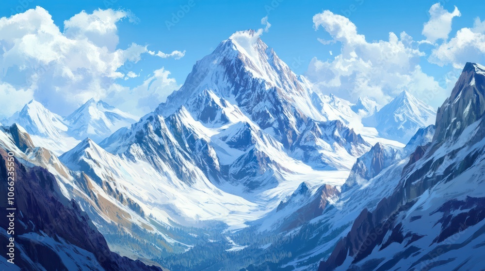 Obraz premium Snow-capped mountains in nature, a serene winter landscape under a blue sky.