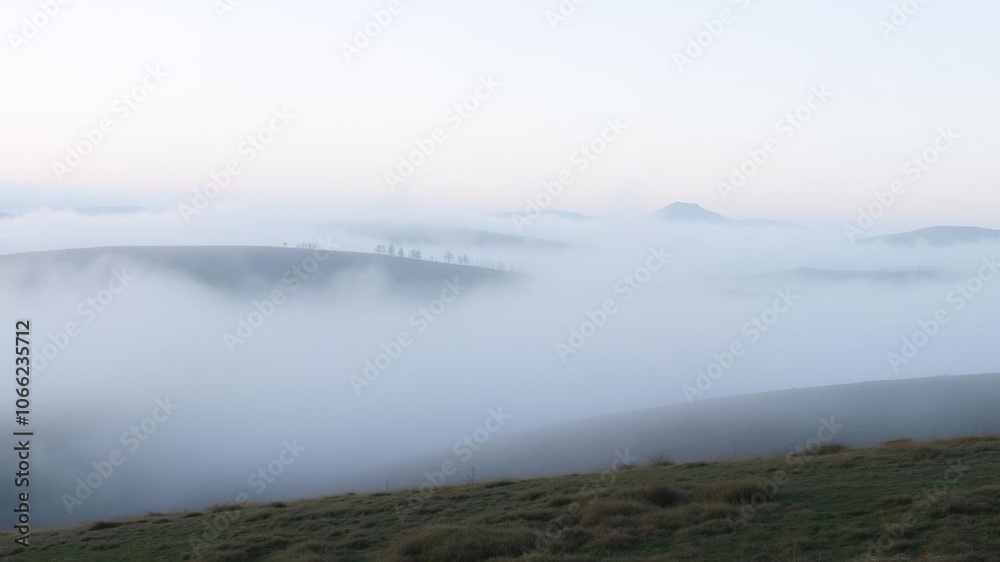 Fototapeta premium Misty morning landscape with foggy hills, gentle, fog, outdoor