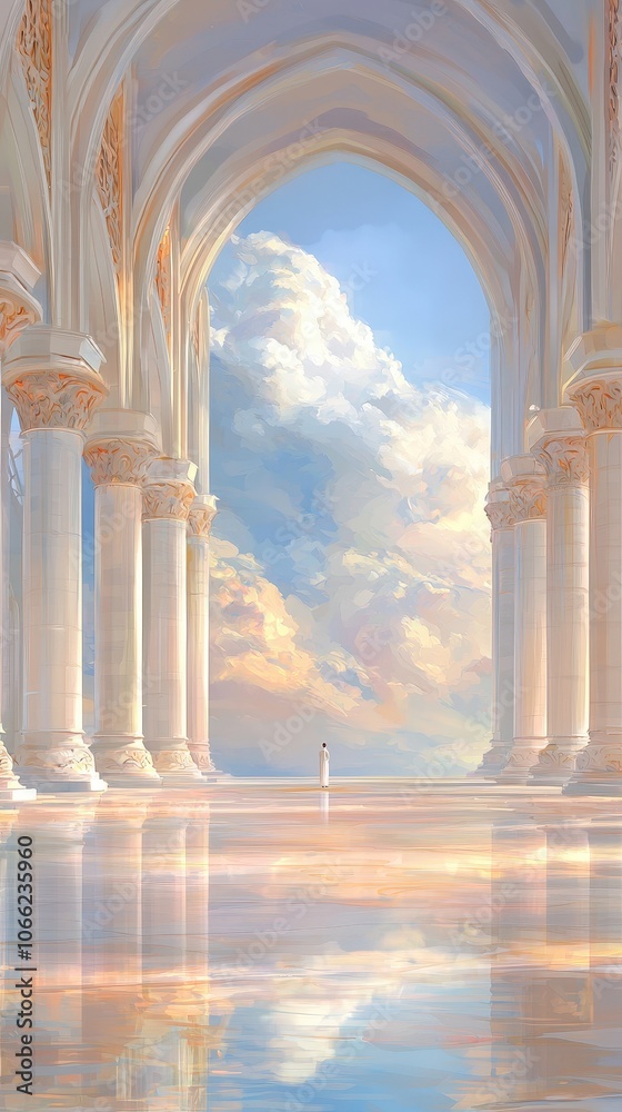 Fototapeta premium Futuristic Architecture White Marble Columns Man Standing in Corridor Sky View Digital