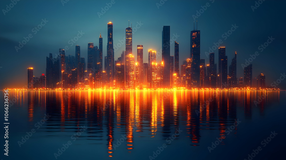 Fototapeta premium A stunning city skyline illuminated at night, reflecting beautifully on calm waters.