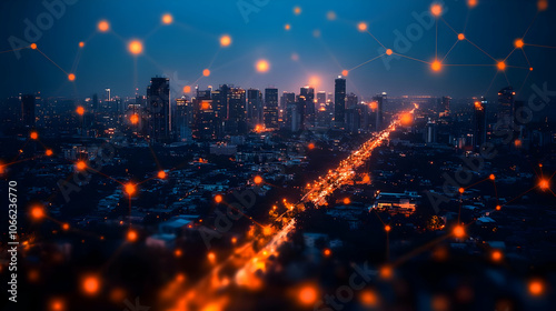 A stunning city skyline illuminated at night with sparkling lights on the horizon. photo