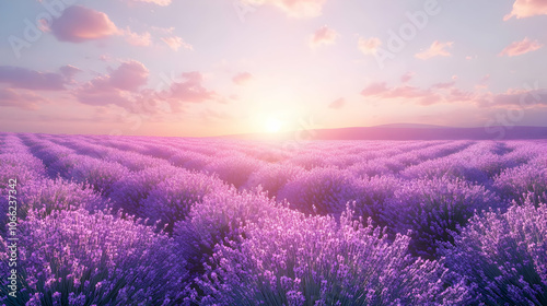 Lavender fields under a vibrant sunset, showcasing a beautiful blend of purple hues in the sky and flowers.