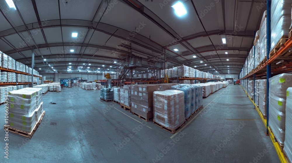 Industrial Warehouse Interior with Pallets and Shelving