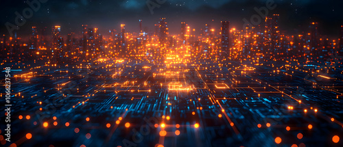 A vibrant city skyline illuminated with glowing lights, showcasing futuristic architecture and dynamic urban energy.