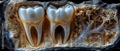 Close-up of two teeth embedded in mineralized stone, showcasing dental structure and fossilization details. photo