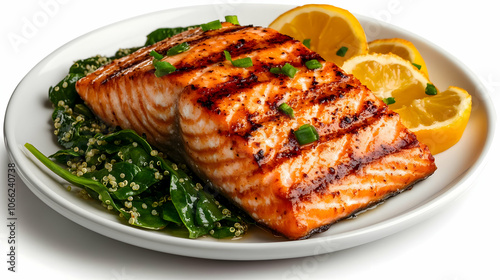 Grilled salmon fillet served with spinach and lemon slices on a white plate. photo