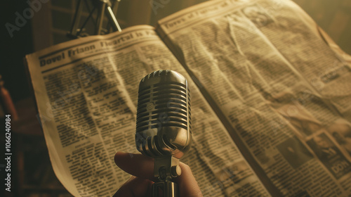 Journalist holding microphone in front of blank newspaper page, symbolizing the critical role of press freedom in society.  